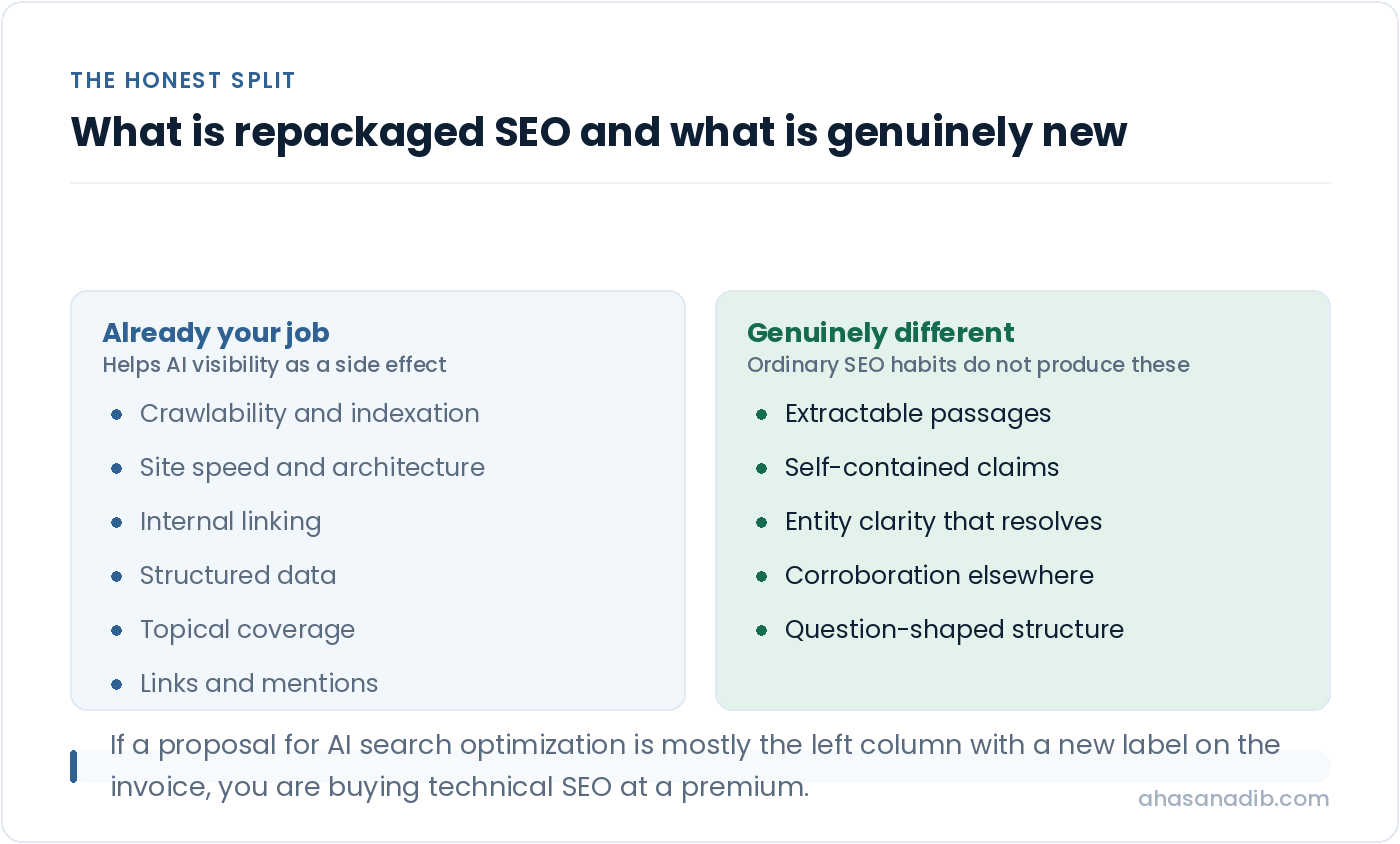 Two columns listing conventional SEO tasks that help AI visibility as a side effect against the genuinely new work of extractable passages, self-contained claims, entity clarity and corroboration